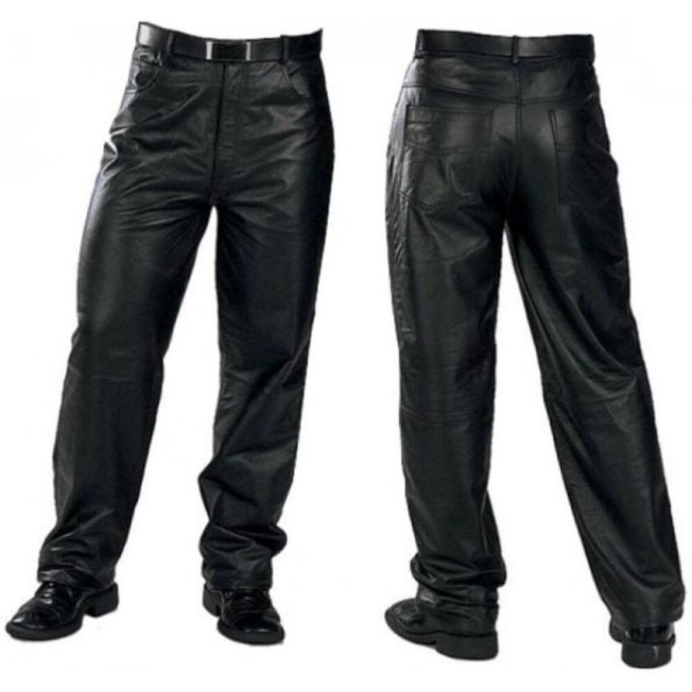 Men’s Heavy Duty Thick Cowhide Leather Motorcycle Jeans Trousures (Black)